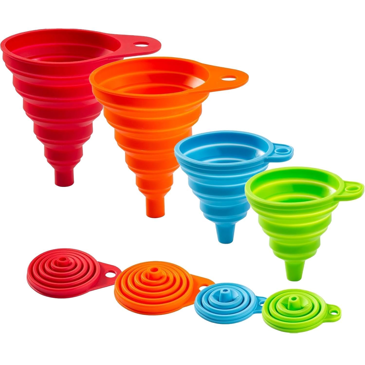 Kitchen Funnel Set 4 Pack, Small and Large, Kitchen Gadgets Accessories Foldable Silicone Collapsible Funnels for Filling Water Bottle Liquid Transfer Food Grade