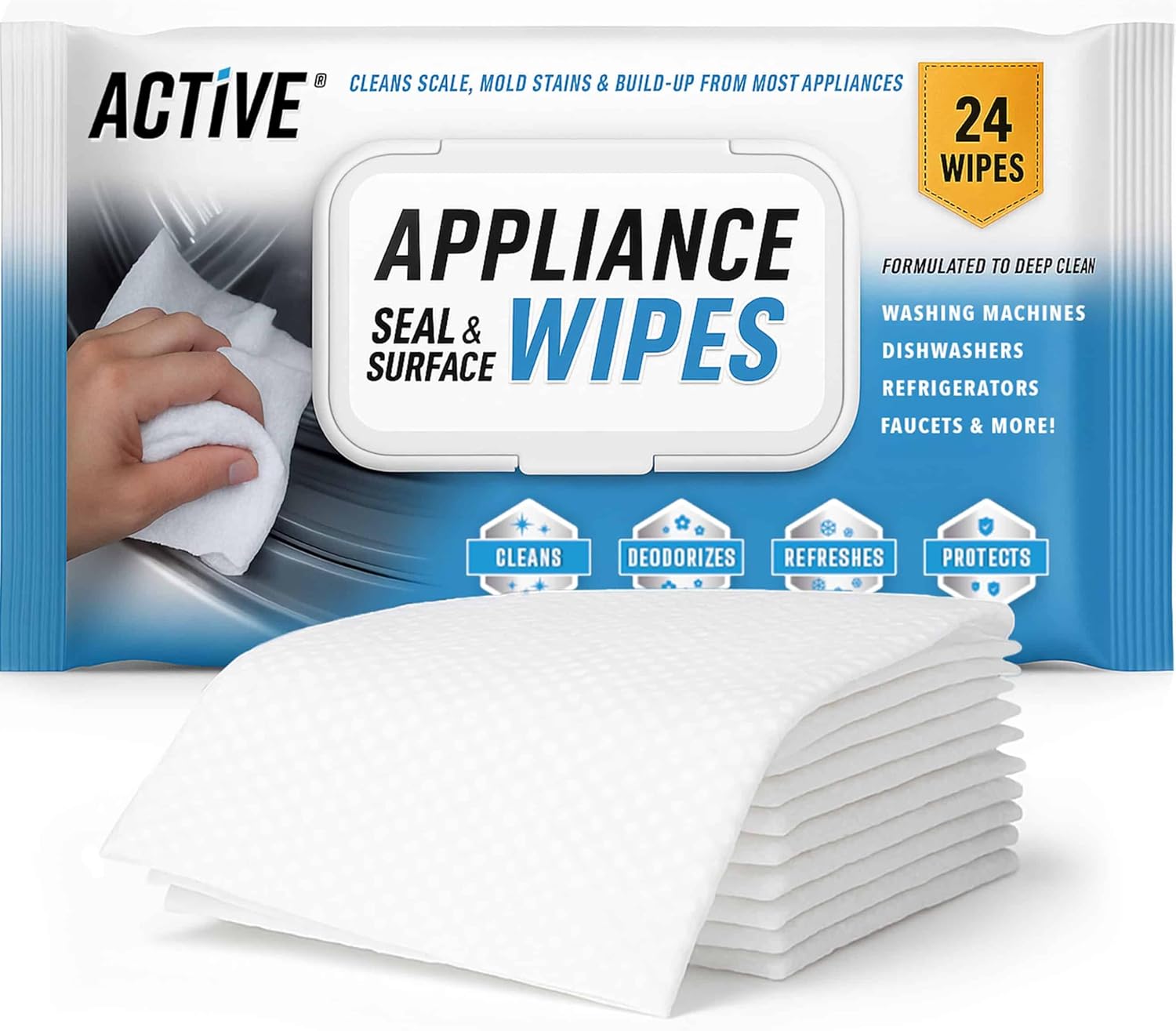ACTIVE Home Appliance Surface Cleaner Wipes Heavy Duty Wipe for Cleaning Washing Machine, Dryer Stainless Steel Refrigerator, Glass Cooktop, Microwave, Dishwasher, Counter, Tile – 24 Large Wipes